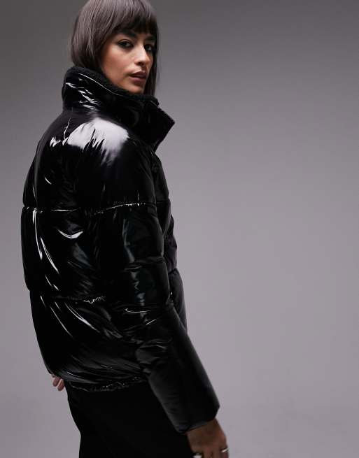 Topshop Sno high shine funnel neck puffer ski jacket in black