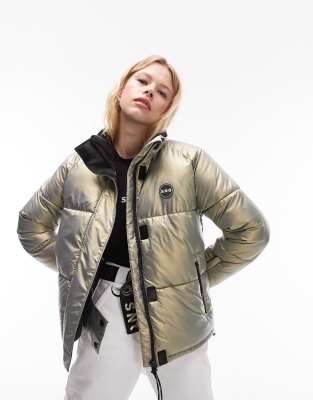 Topshop Sno high shine ski puffer jacket in gold metallic