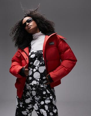 Topshop - Sno - Puffer-Skijacke in Rot mit Kapuze