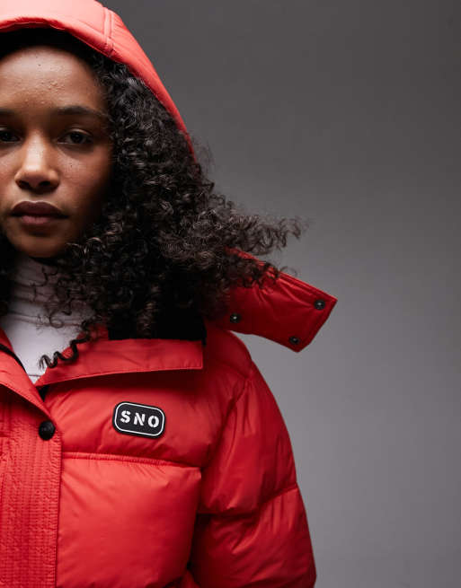 Topshop Sno Puffer Skijacke in Rot mit Kapuze ASOS