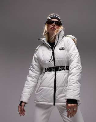 Topshop Sno Faux Fur Trim Belted Ski Coat In White