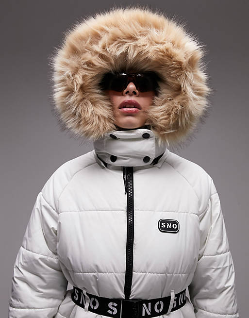 Topshop Sno ski coat with belt and faux fur trim hood in ecru