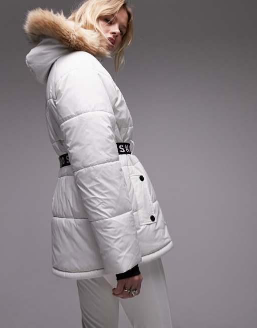 Topshop Sno ski suit with faux fur hood & belt in black