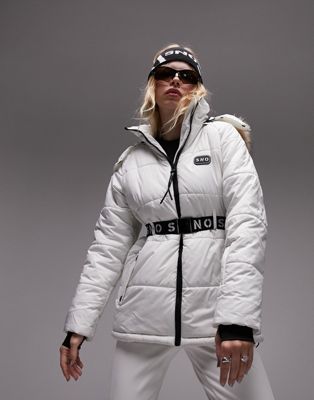 Topshop Sno ski coat with belt and fur trim hood in ecru