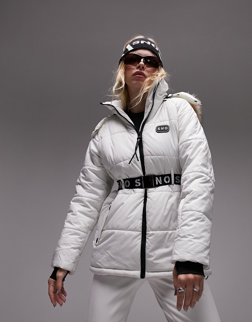 Topshop Sno ski coat with belt and fur trim hood in ecru-White