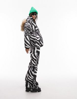 Shop Topshop Sno Ski Coat With Belt And Fur Trim Hood In Zebra Print-multi