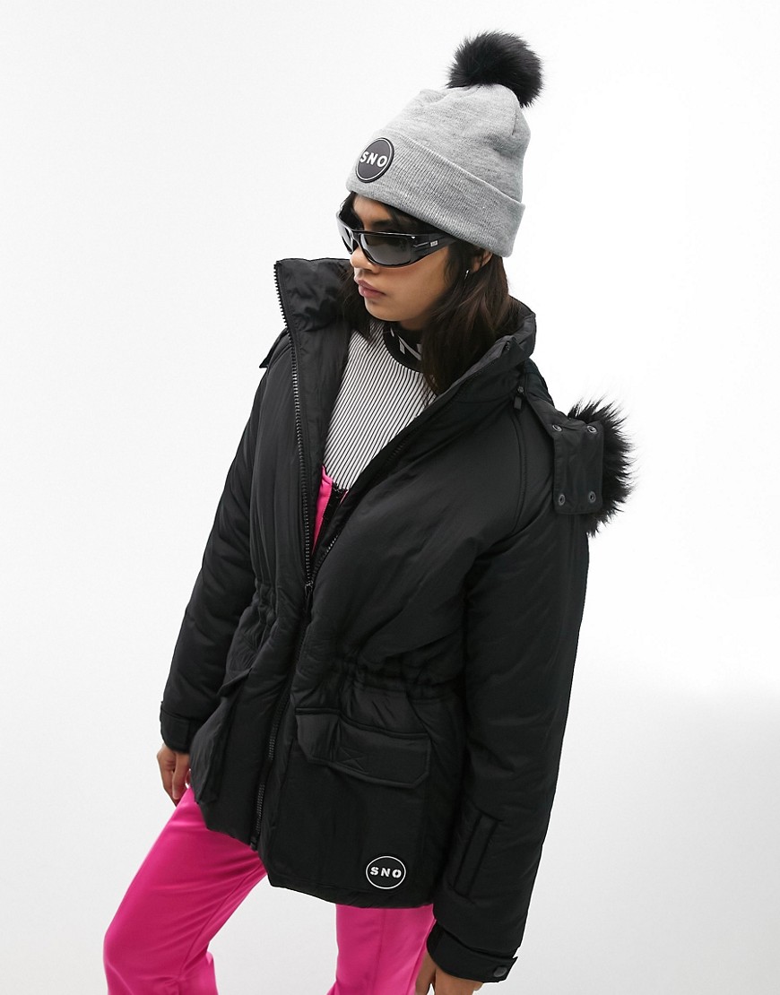 Topshop Sno ski parka coat with faux fur hood in black