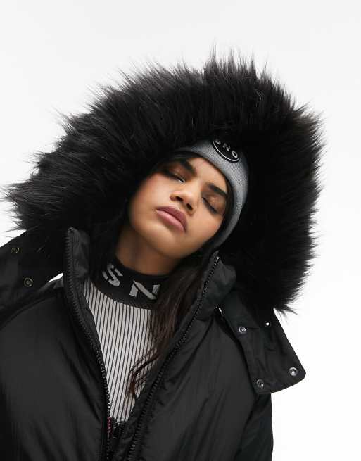 Topshop Sno ski parka coat with faux fur hood in black