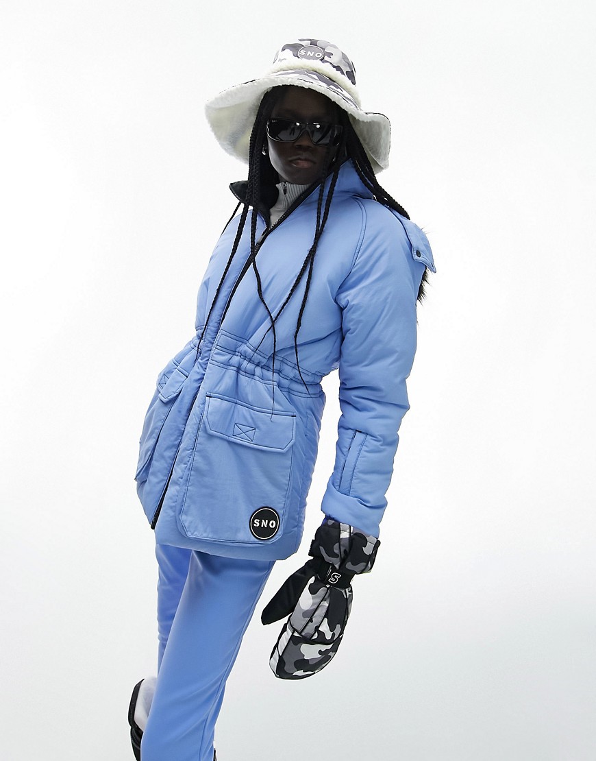 Topshop Sno ski parka coat with fur hood in blue