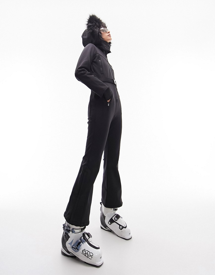 Sno ski suit with faux fur hood & belt in black