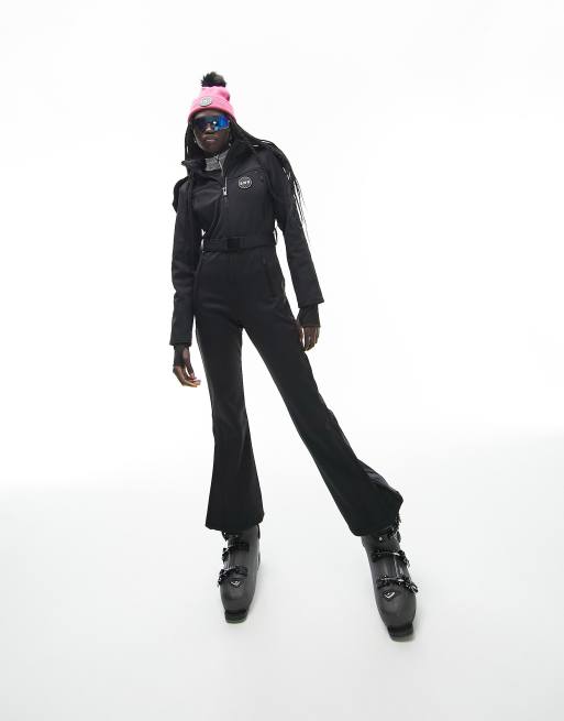 Topshop Sno ski suit with faux fur hood & belt in black