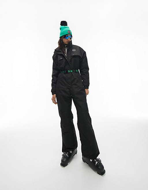 Topshop Sno ski suit with funnel neck & belt in black | ASOS