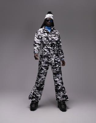 Topshop Sno Ski Suit With Funnel Neck Belt In Camo Print black