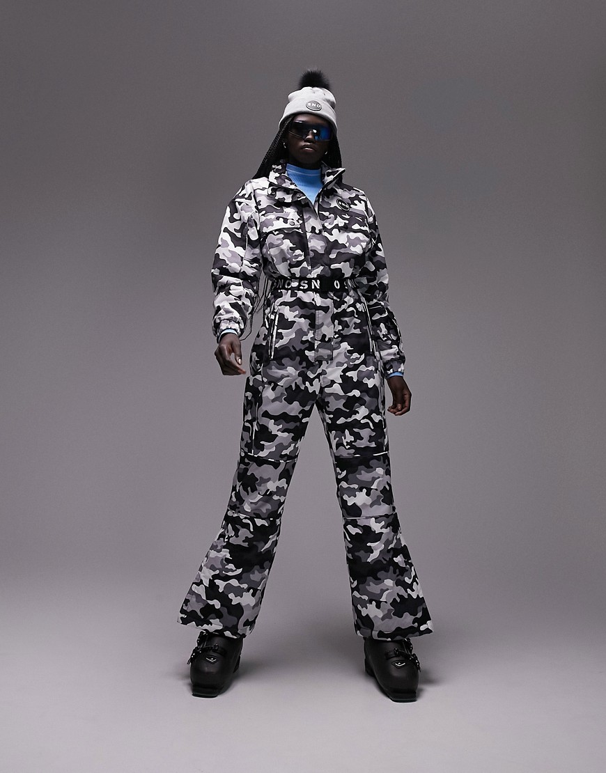 Topshop Sno Ski Suit With Funnel Neck & Belt In Camo Print-black