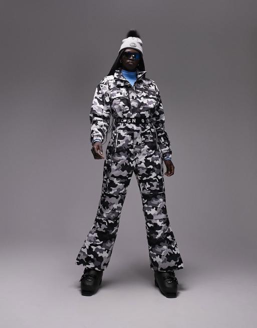 Topshop Sno ski suit with funnel neck & belt in camo print