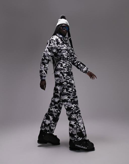 Topshop Sno ski suit with funnel neck & belt in camo print