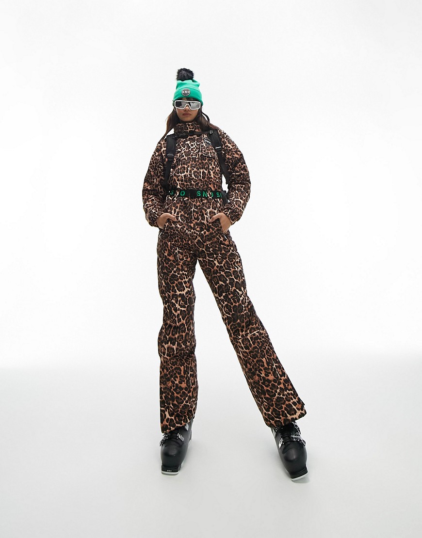 Topshop Sno ski suit with funnel neck & belt in leopard print-Multi