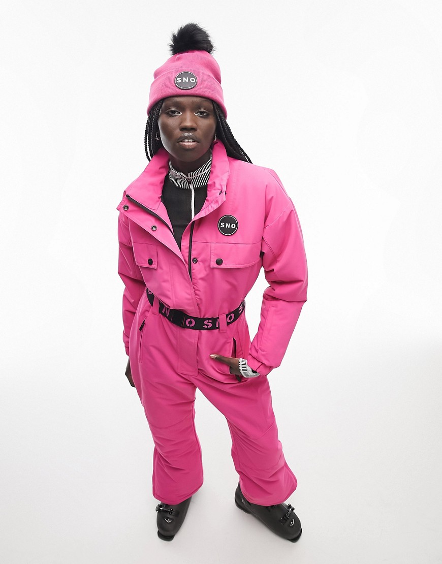 Topshop Sno ski suit with funnel neck & belt in pink
