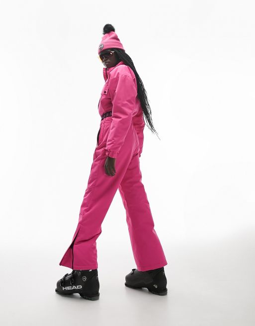 Topshop Sno ski suit with faux fur hood & belt in black