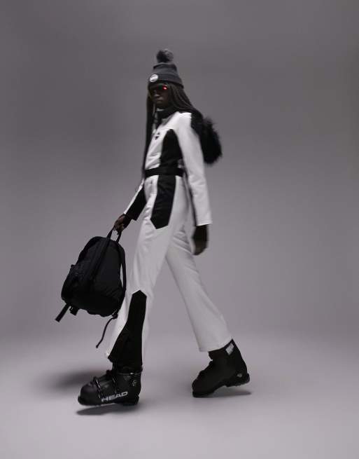 TOPSHOP Sno Ski Suit With Fur Hood & Belt in Blue