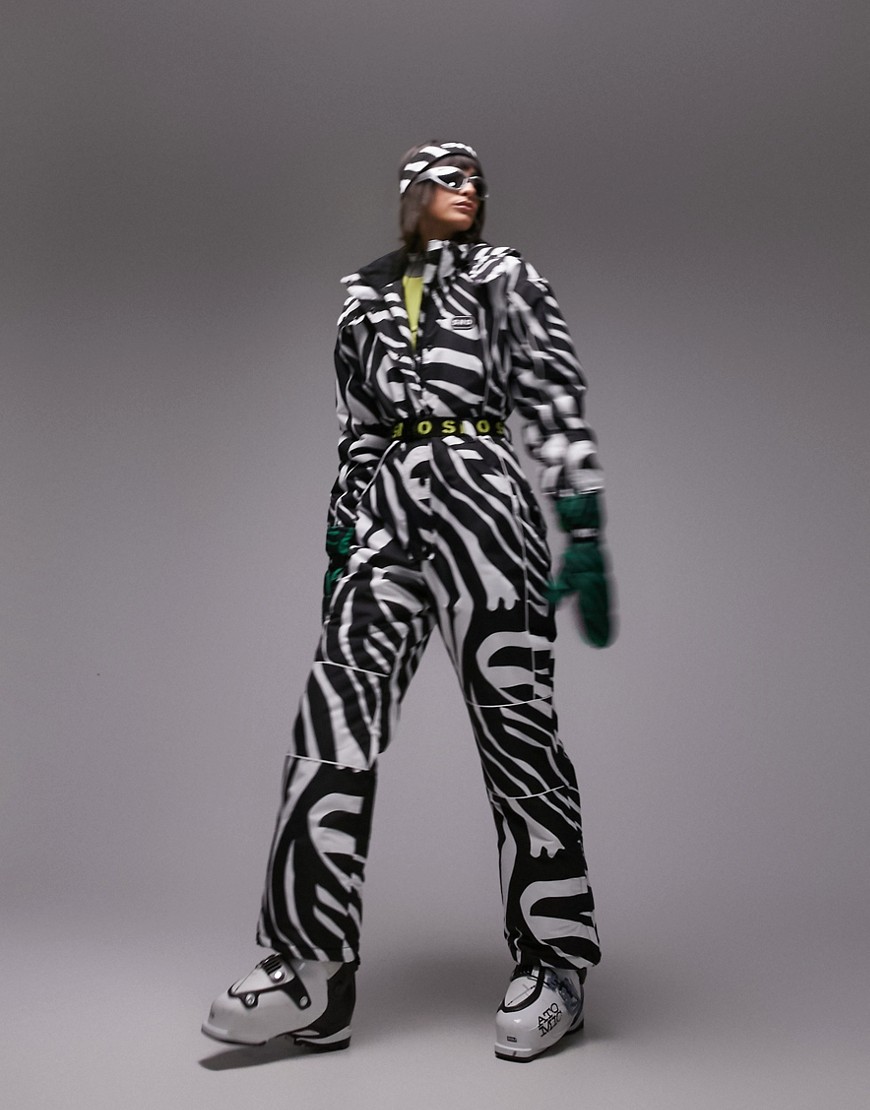 Topshop Sno ski suit with hood and belt in zebra print-Multi