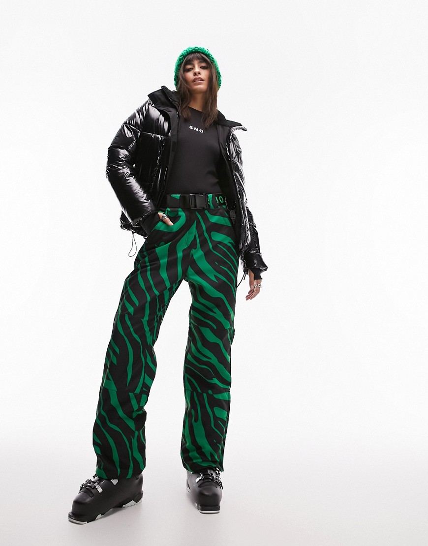 Topshop Sno Straight Leg Ski Pants In Green Zebra Print