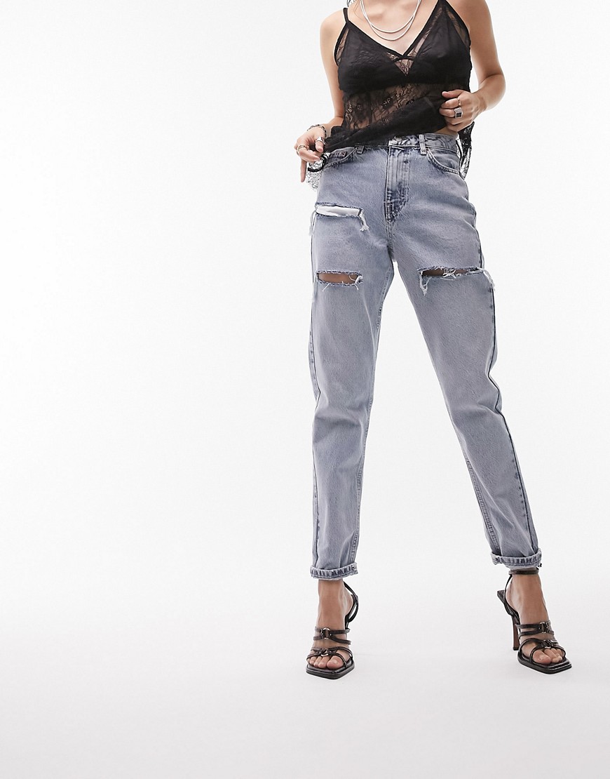 Topshop - Sofia - Gescheurde mom jeans in bleekkleur-Blauw