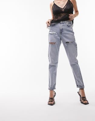 TOPSHOP SOFIA RIP MOM JEANS IN BLEACH-BLUES