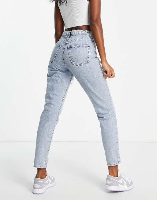 Bleach wash double rip mom store tapered jeans