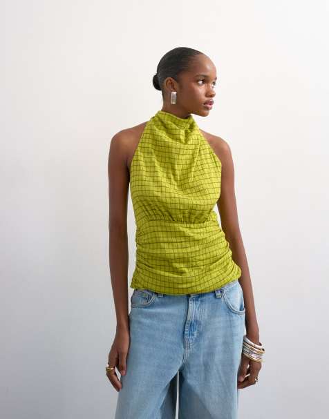 Topshop soft funnel halter neck top in green check