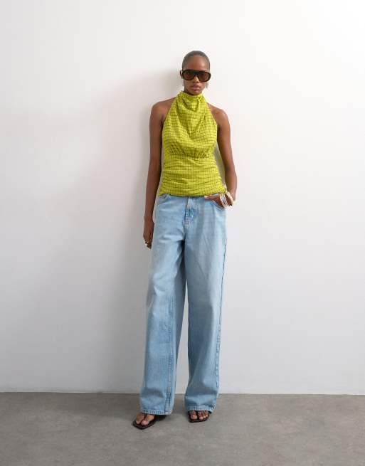 Topshop soft funnel halter neck top in green check, 3 of 4