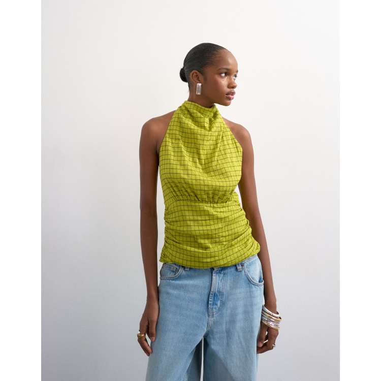 Topshop soft funnel halter neck top in green plaid | ASOS
