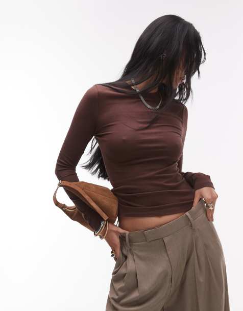 Topshop soft long sleeve jersey top in brown - view 1