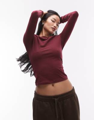 Topshop Soft Long Sleeve Jersey Top In Burgundy-red