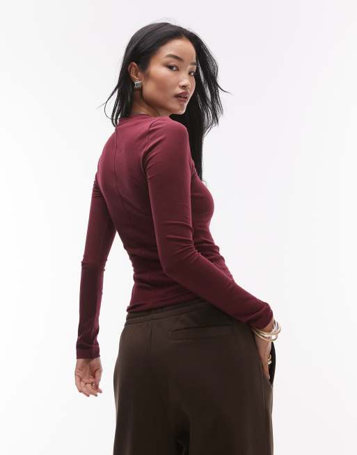 Topshop soft long sleeve jersey top in burgundy | ASOS