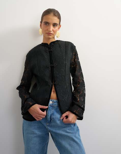 Topshop soft mandarin lace jacket in black - view 1