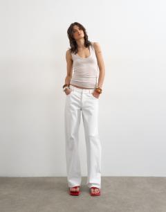 Model wearing Soft racer back scoop neck vest in oat