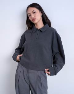 Soft touch boxy long sleeve polo co-ord in grey