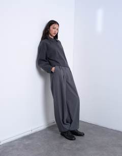Model wearing Soft touch boxy long sleeve polo co-ord in grey