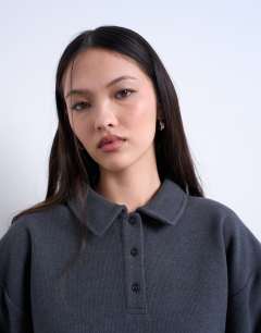 Model wearing Soft touch boxy long sleeve polo co-ord in grey