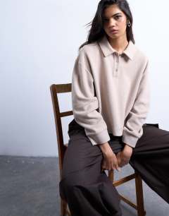 Soft touch boxy long sleeve polo in taupe