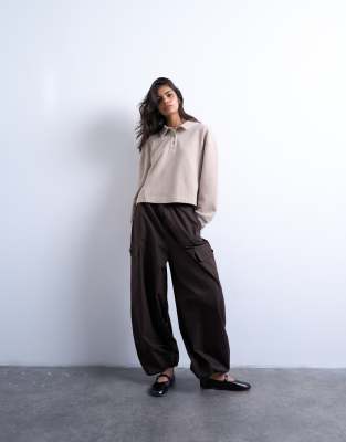 Topshop Soft Touch Boxy Long Sleeve Polo Shirt In Neutral