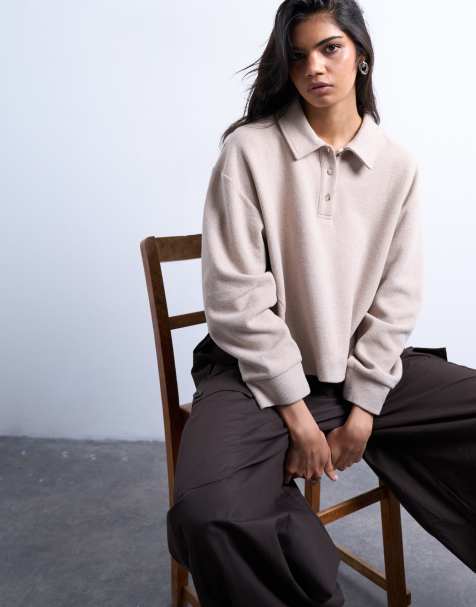 Topshop soft touch boxy long sleeve polo top in taupe - view 1