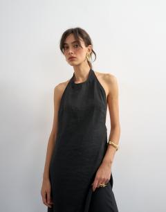 Model wearing Soft touch cupro halter neck low back maxi dress in washed black