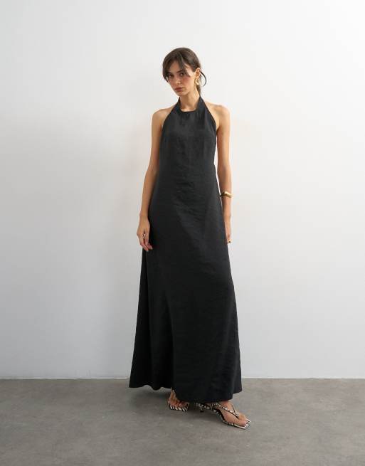 Topshop soft touch cupro halter neck low back maxi dress in washed black, 4 of 4