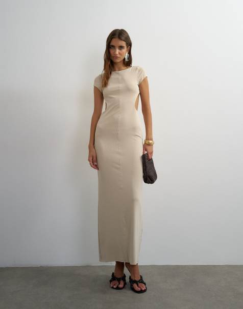 Topshop soft touch double layer cupro cut out maxi dress in beige - view 1