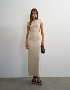 Soft touch double layer cupro cut out maxi dress in beige