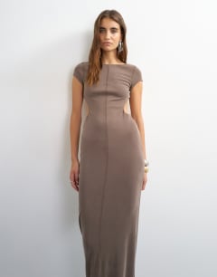 Model wearing Soft touch double layer cupro cut out maxi dress in khaki