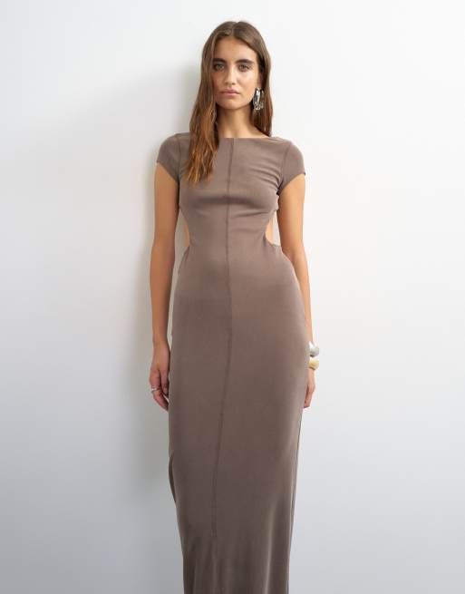 Topshop soft touch double layer cupro cut out maxi dress in khaki, 3 of 4