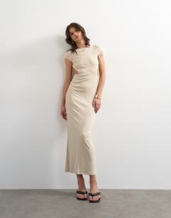 Model wearing Soft touch double layer cupro cut out maxi in beige